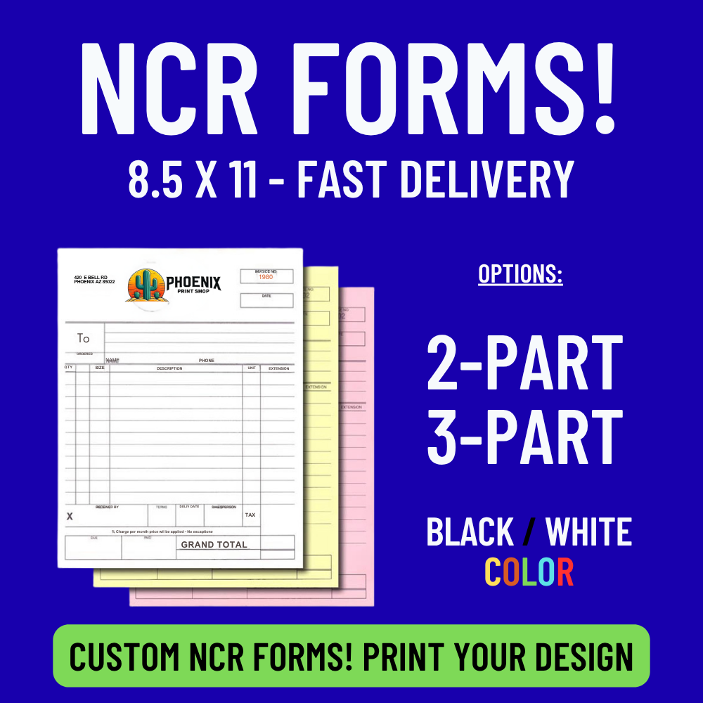 NCR forms with options for 2-part, 3-part, black, white, and color on a blue background.