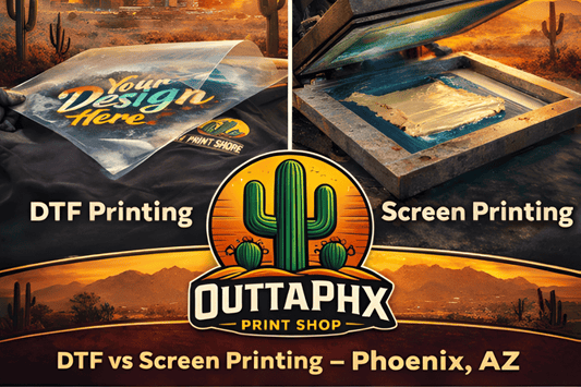 Outta PHX Print Shop custom apparel printing comparison showing heat transfer printing vs sublimation printing in Phoenix Arizona