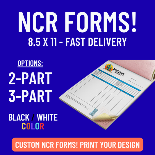 Custom 2-Part NCR Forms from Phoenix Print Shop – features white top sheet with yellow or pink duplicate copy, ideal for instantly duplicating handwritten or printed information for invoices, receipts, work orders, and more.